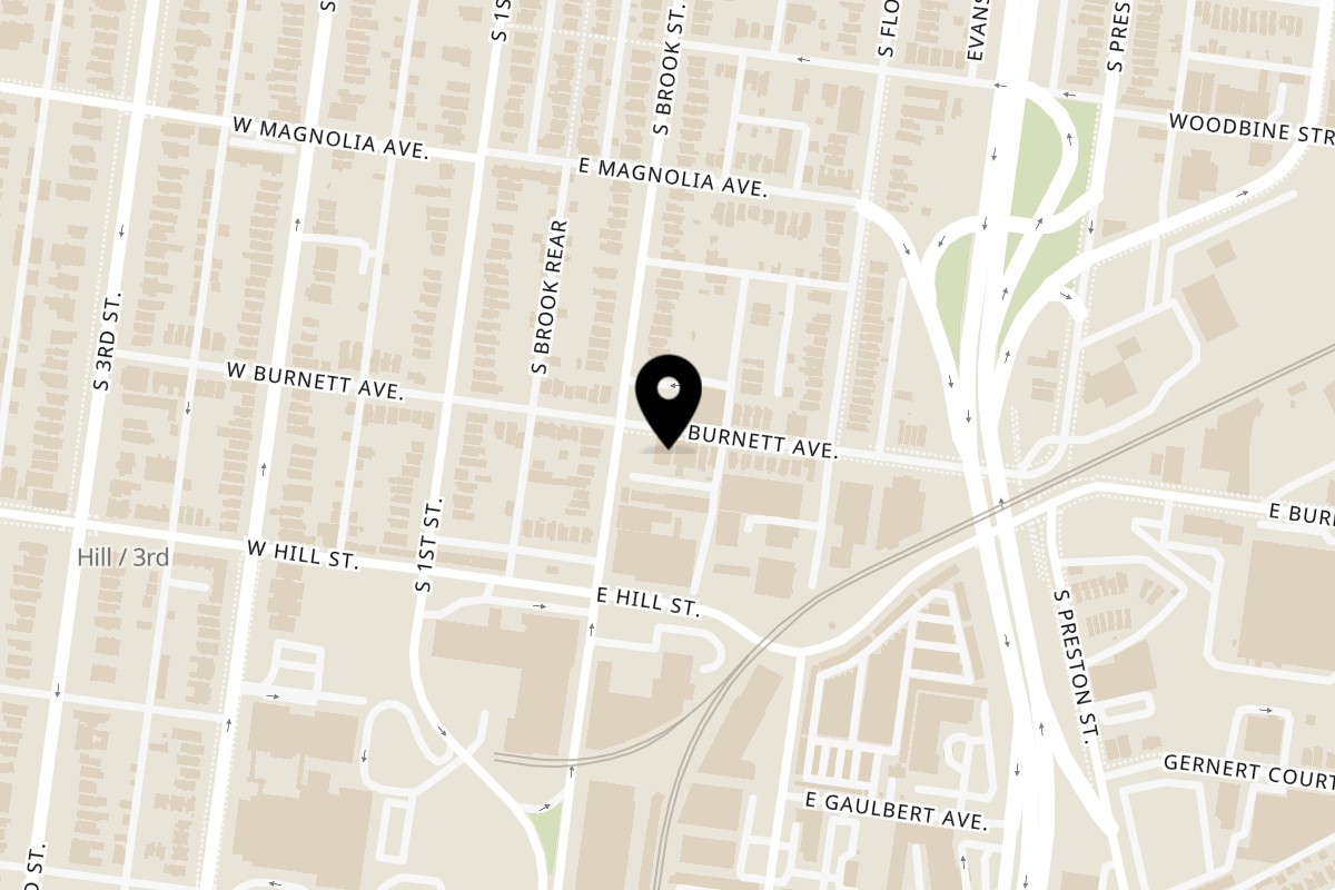 Map showing the location of The Service Station Restaurant on 208 E Burnett Ave in Louisville